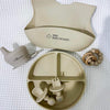 Meal set including bib, plate, utensils, silicone lids, teething rattle